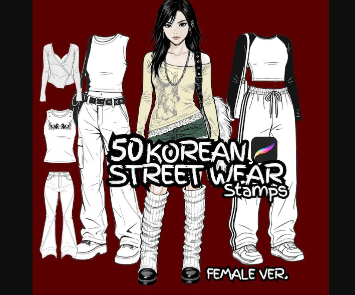 50 Korean Outfit Stamps for Procreate, Procreate clothes stamps, Procreate clothes brush, Procreate outfit brush, Procreate clothes